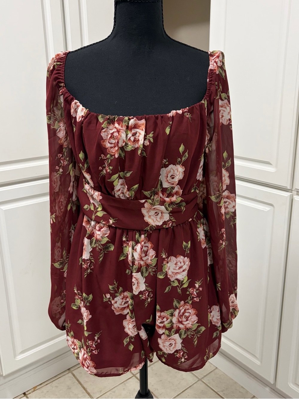Windsor Wine Floral Long Sleeve Off-Shoulder Romper